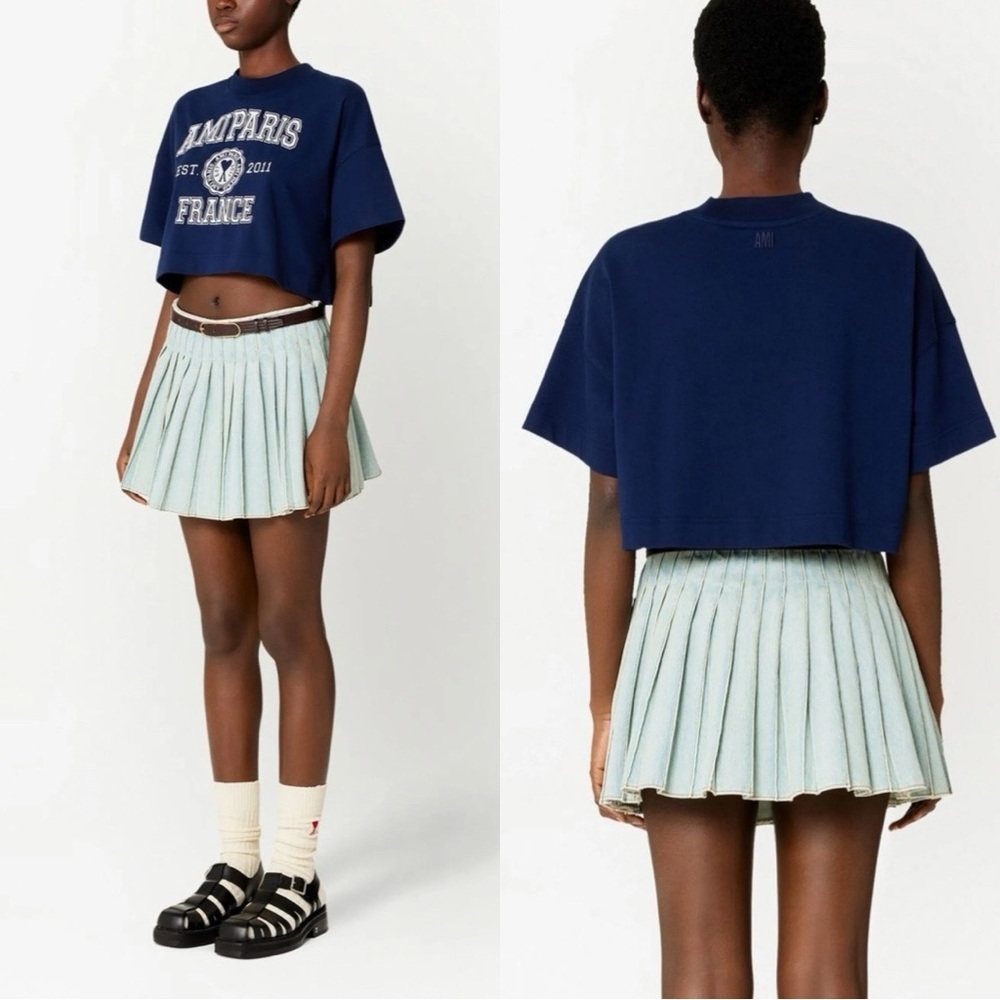 AMI Alexandre Mattiussi Embroidered Logo Cropped Crewneck T-Shirt Navy Blue M